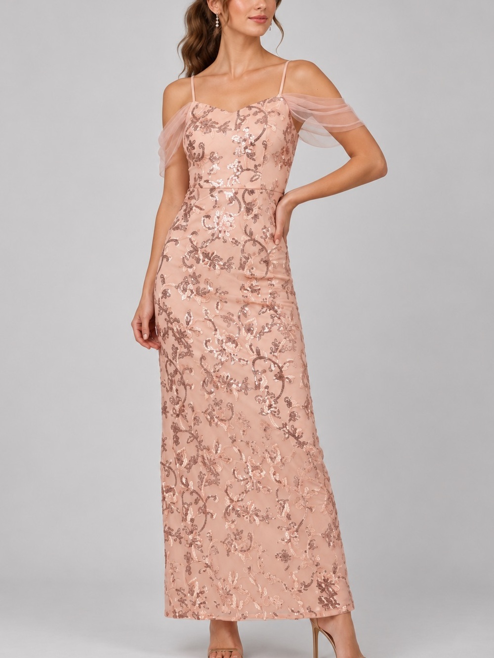 🆕🍑Papell Studio Size 8 Blush Rose Gold Sequin Cold Shoulder Formal Maxi Dress